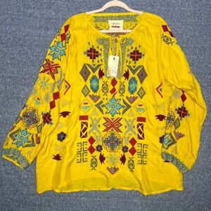 Johnny Was Biya Ziggy Cupra Blouse Yellow Embroidered Boho Top Medium Tunic Flaw